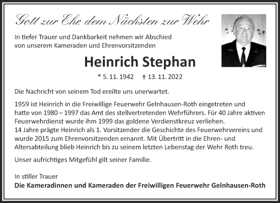 Traueranzeige von Heinrich Stephan von Gelnhäuser Neue Zeitung