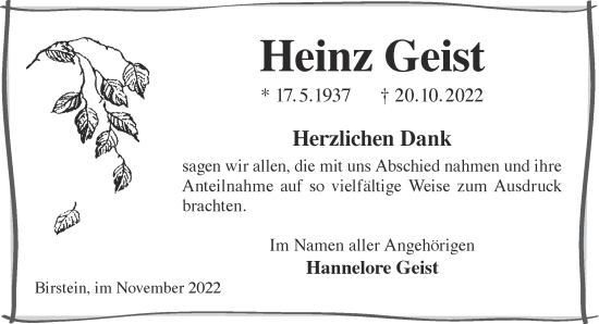 Traueranzeige von Heinz Geist von Gelnhäuser Neue Zeitung