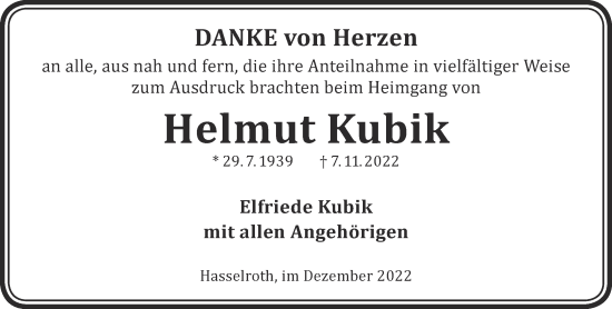 Traueranzeige von Helmut Kubik von Gelnhäuser Neue Zeitung