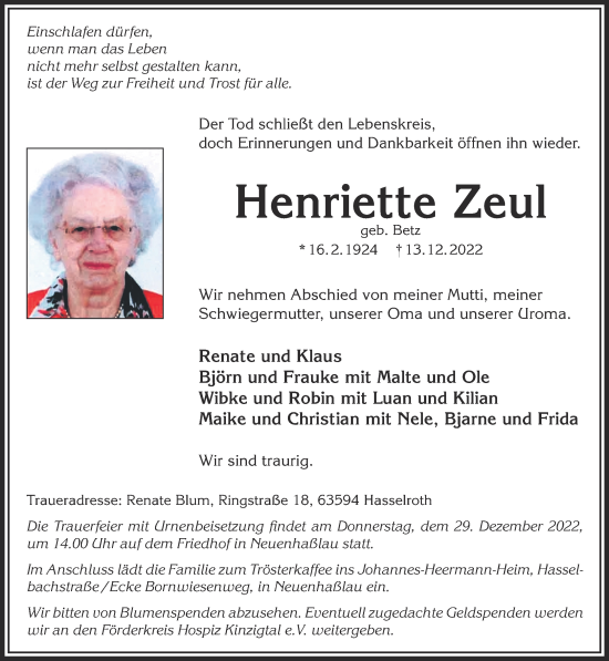 Traueranzeige von Henriette Zeul von Mittelhessen-Bote