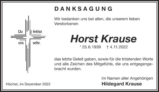 Traueranzeige von Horst Krause von Mittelhessen-Bote