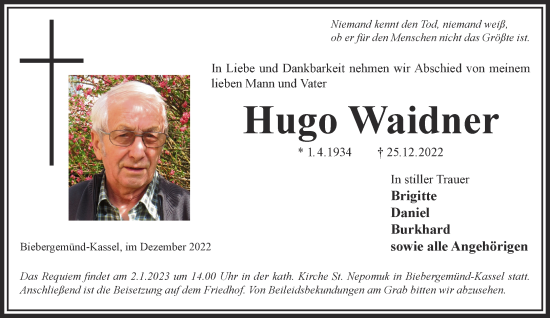 Traueranzeige von Hugo Waidner von Gelnhäuser Neue Zeitung