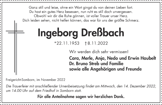 Traueranzeige von Ingeborg Dreßbach von Gelnhäuser Neue Zeitung