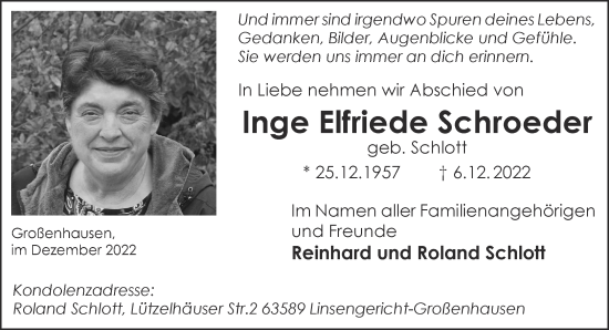 Traueranzeige von Inge Elfriede Schroeder von Gelnhäuser Neue Zeitung