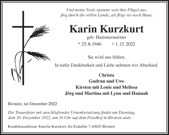 Traueranzeige von Karin Kurzkurt von Gelnhäuser Neue Zeitung