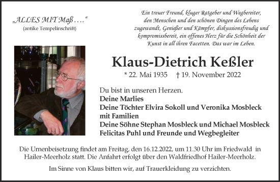 Traueranzeige von Klaus-Dietrich Keßler von Gelnhäuser Neue Zeitung