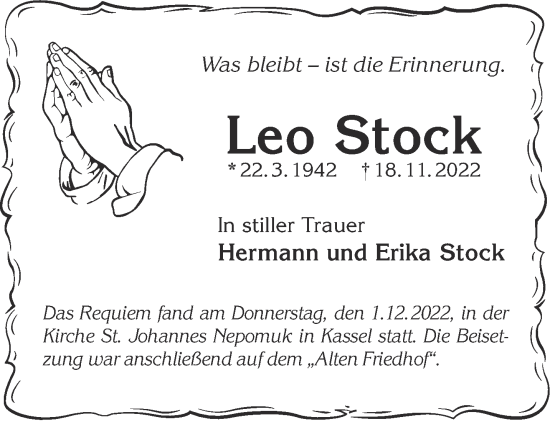 Traueranzeige von Leo Stock von Mittelhessen-Bote