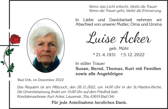 Traueranzeige von Luise Acker von Gelnhäuser Neue Zeitung