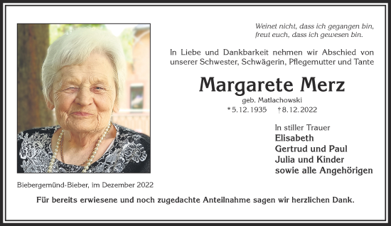 Traueranzeige von Margarete Merz von Mittelhessen-Bote