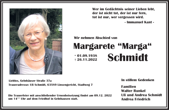 Traueranzeige von Margarete Schmidt von Mittelhessen-Bote