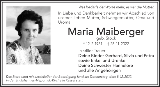 Traueranzeige von Maria Maiberger von Mittelhessen-Bote