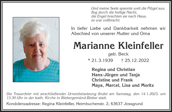 Traueranzeige von Marianne Kleinfeller von Gelnhäuser Neue Zeitung