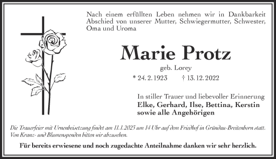 Traueranzeige von Marie Protz von Gelnhäuser Neue Zeitung