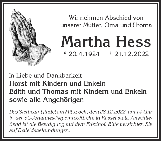 Traueranzeige von Martha Hess von Gelnhäuser Neue Zeitung