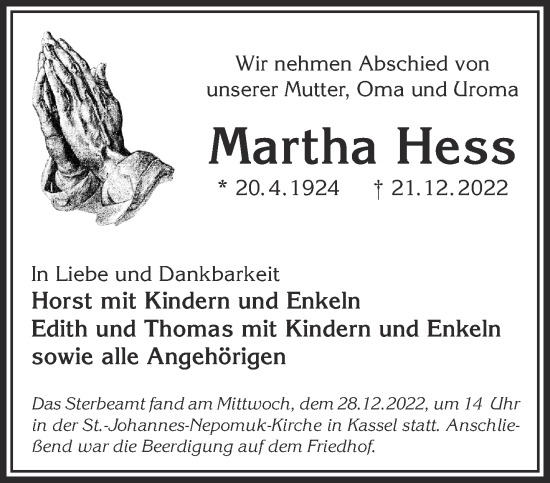 Traueranzeige von Martha Hess von Mittelhessen-Bote