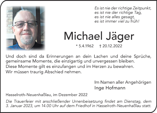 Traueranzeige von Michael Jäger von Gelnhäuser Neue Zeitung