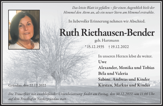 Traueranzeige von Ruth Riethausen-Bender von Gelnhäuser Neue Zeitung