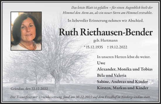 Traueranzeige von Ruth Riethausen-Bender von Mittelhessen-Bote