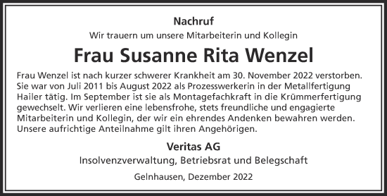 Traueranzeige von Susanne Rita Wenzel von Gelnhäuser Neue Zeitung