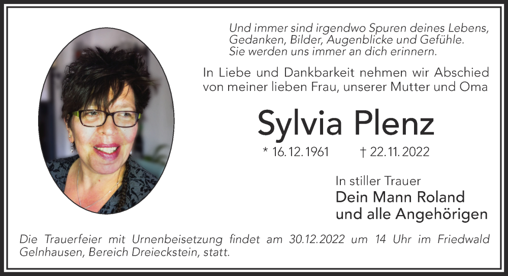  Traueranzeige für Sylvia Plenz vom 03.12.2022 aus Gelnhäuser Neue Zeitung