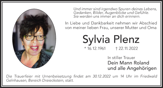 Traueranzeige von Sylvia Plenz von Mittelhessen-Bote