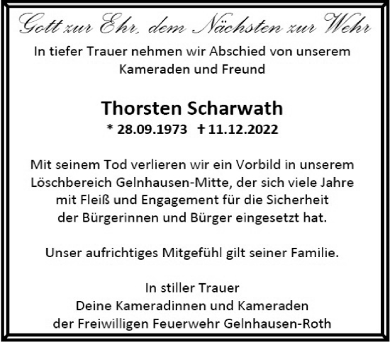 Traueranzeige von Thorsten Scharwath von Mittelhessen-Bote