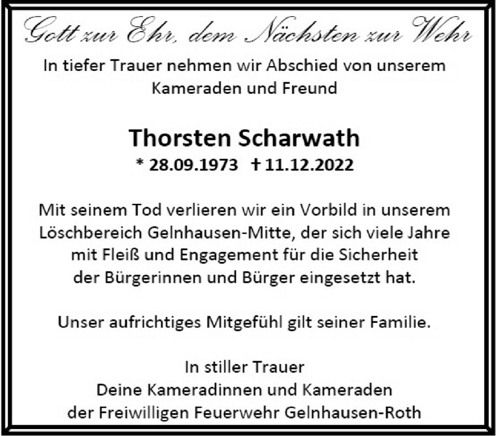  Traueranzeige für Thorsten Scharwath vom 24.12.2022 aus Mittelhessen-Bote