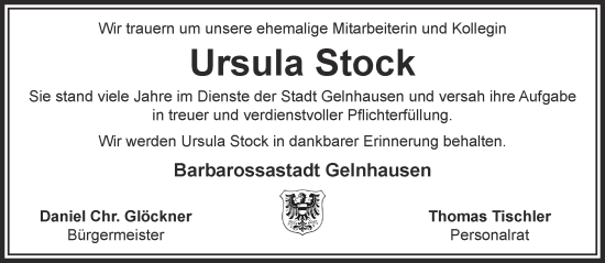 Traueranzeige von Ursula Stock von Mittelhessen-Bote