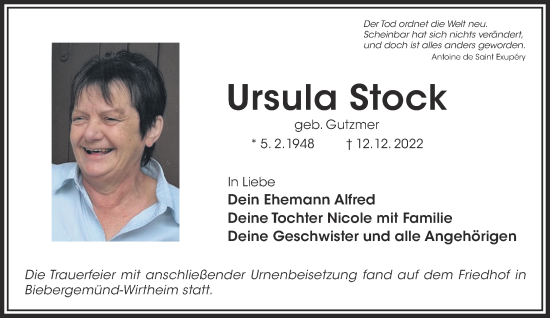 Traueranzeige von Ursula Stock von Mittelhessen-Bote