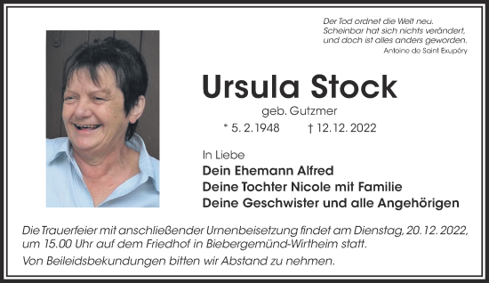 Traueranzeige von Ursula Stock von Gelnhäuser Neue Zeitung