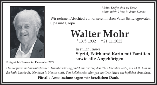 Traueranzeige von Walter Mohr von Gelnhäuser Neue Zeitung