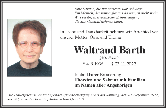 Traueranzeige von Waltraud Barth von Gelnhäuser Neue Zeitung