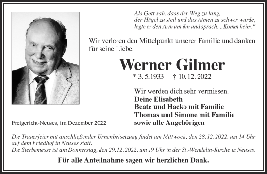 Traueranzeige von Werner Gilmer von Gelnhäuser Neue Zeitung