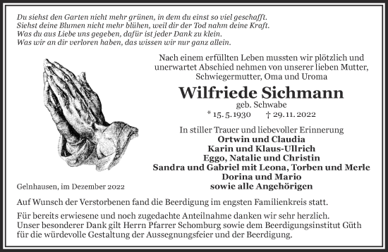 Traueranzeige von Wilfriede Sichmann von Gelnhäuser Neue Zeitung