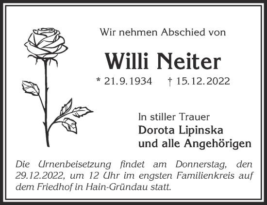 Traueranzeige von Willi Neiter von Gelnhäuser Neue Zeitung