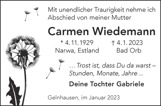 Traueranzeige von Carmen Wiedemann von Gelnhäuser Neue Zeitung