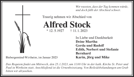 Traueranzeige von Alfred Stock von Gelnhäuser Neue Zeitung