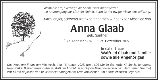 Traueranzeige von Anna Glaab von Gelnhäuser Neue Zeitung