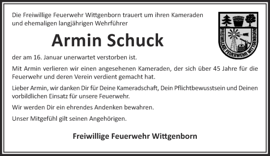 Traueranzeige von Armin Schuck von Gelnhäuser Neue Zeitung