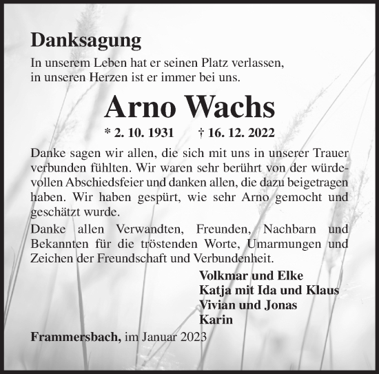 Traueranzeige von Arno Wachs von Gelnhäuser Neue Zeitung