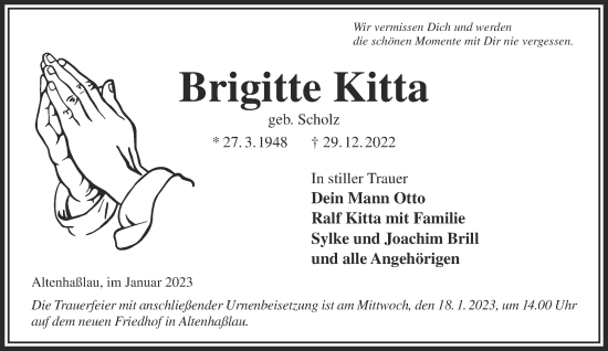 Traueranzeige von Brigitte Kitta von Mittelhessen-Bote