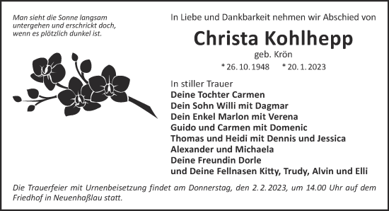 Traueranzeige von Christa Kohlhepp von Gelnhäuser Neue Zeitung