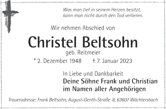 Traueranzeige von Christel Beltsohn von Gelnhäuser Neue Zeitung