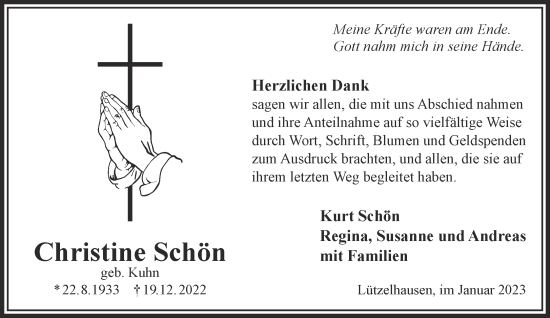 Traueranzeige von Christine Schön von Gelnhäuser Neue Zeitung