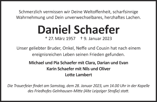 Traueranzeige von Daniel Schaefer von Gelnhäuser Neue Zeitung