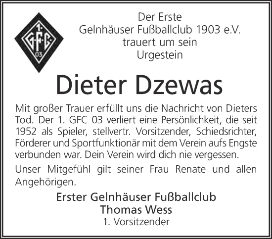 Traueranzeige von Dieter Dzewas von Gelnhäuser Neue Zeitung