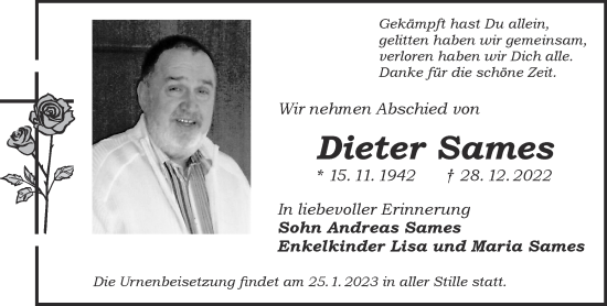 Traueranzeige von Dieter Sames von Gelnhäuser Neue Zeitung