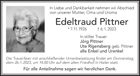 Traueranzeige von Edeltraud Pittner von Gelnhäuser Neue Zeitung