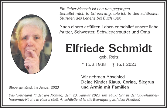 Traueranzeige von Elfriede Schmidt von Gelnhäuser Neue Zeitung