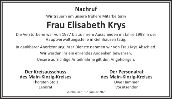 Traueranzeige von Elisabeth Krys von Gelnhäuser Neue Zeitung